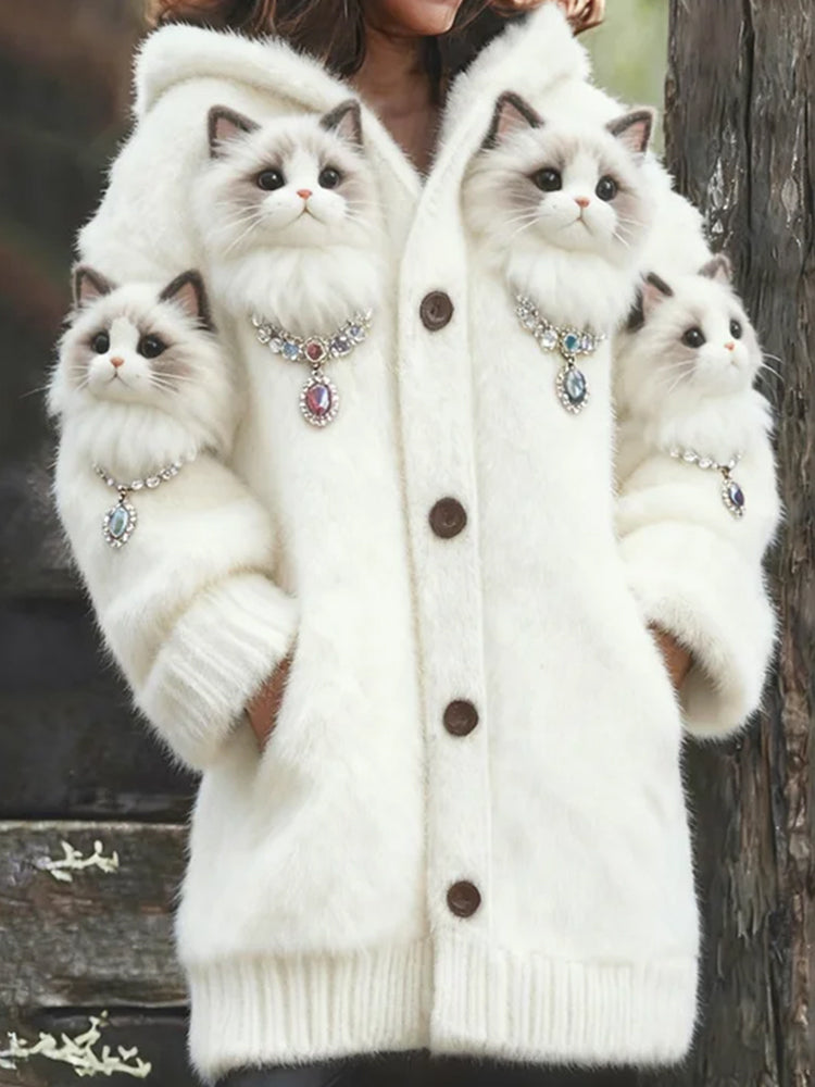 Comstylish Cute Cat Embroidered Hooded Cardigan Long Sweater