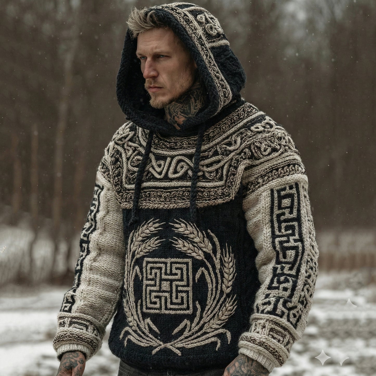 Men's Vintage Greek Key With Wheat Sheaf Art Pattern Casual Cozy Knit Hooded Sweater elevenforest