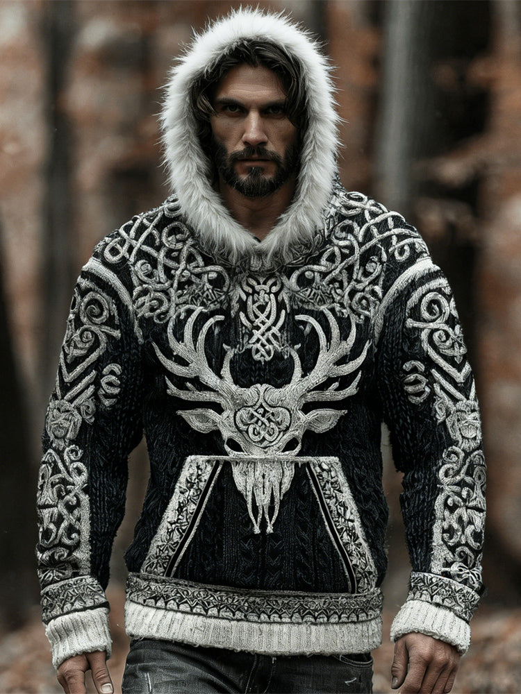 Viking Tribe Skull Deer Head Celtic Art Men's Knit Hooded Sweater elevenforest