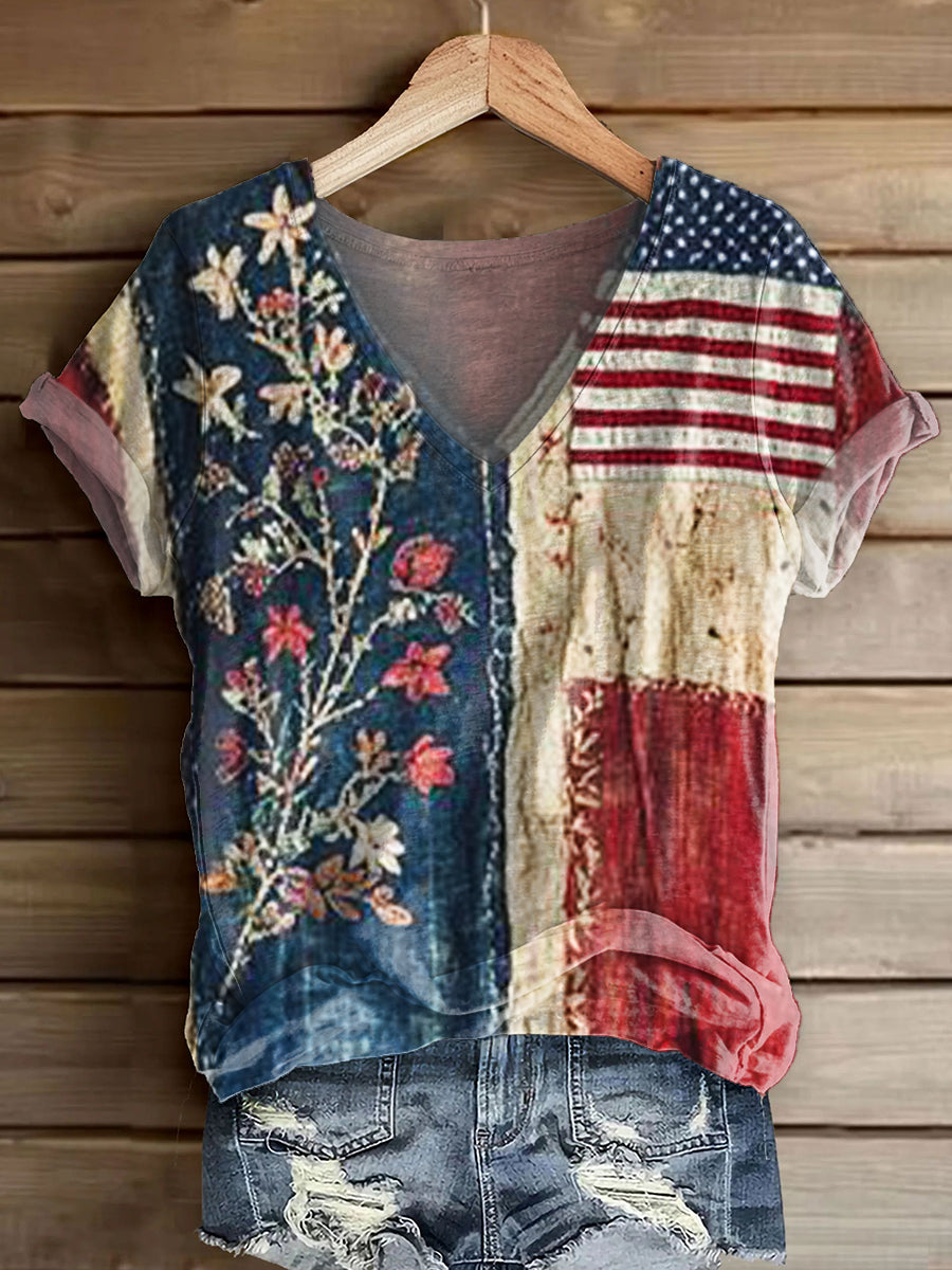 Women's Vintage Flag Floral Patchwork Art Print V-neck Casual T-Shirt