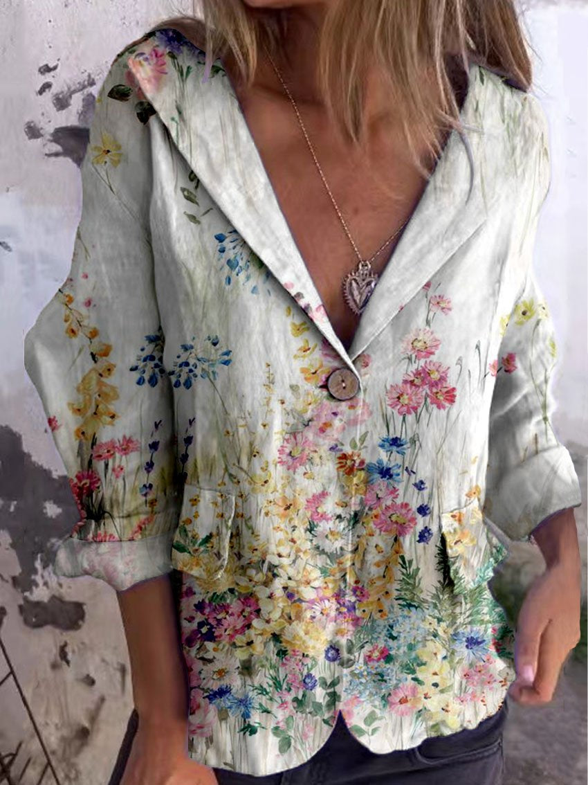 Women's Vintage Art Floral Linen And Cotton Pocket Coat