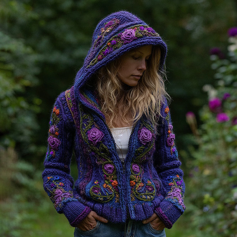 Women's Vintage Purple Rose Embroidered Knit Hooded Sweater elevenforest