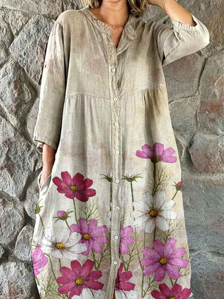 Women's Elegant Vintage Floral Print Shirt Style Cotton and Linen Dres