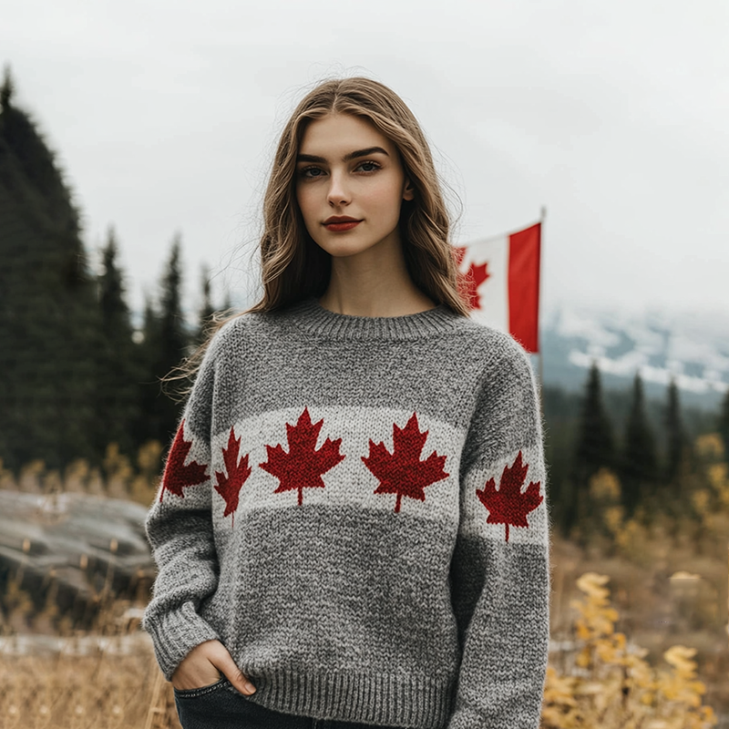 Women's Canada Maple Leaf Art Pattern Cozy Knit Sweater elevenforest