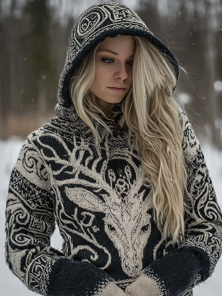 Vintage Viking Celtic Style Deer Pattern Women's Hooded Sweater elevenforest