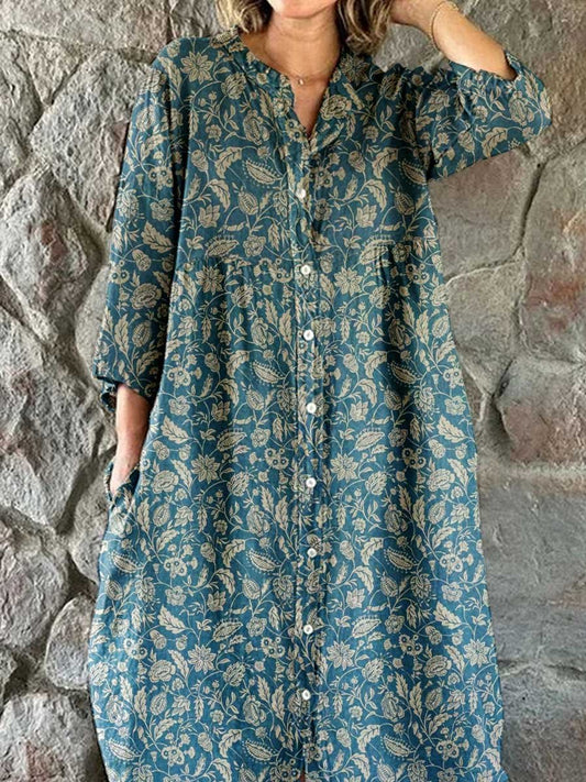 Women's Elegant Vintage Floral Pattern Shirt Style Cotton and Linen Dr