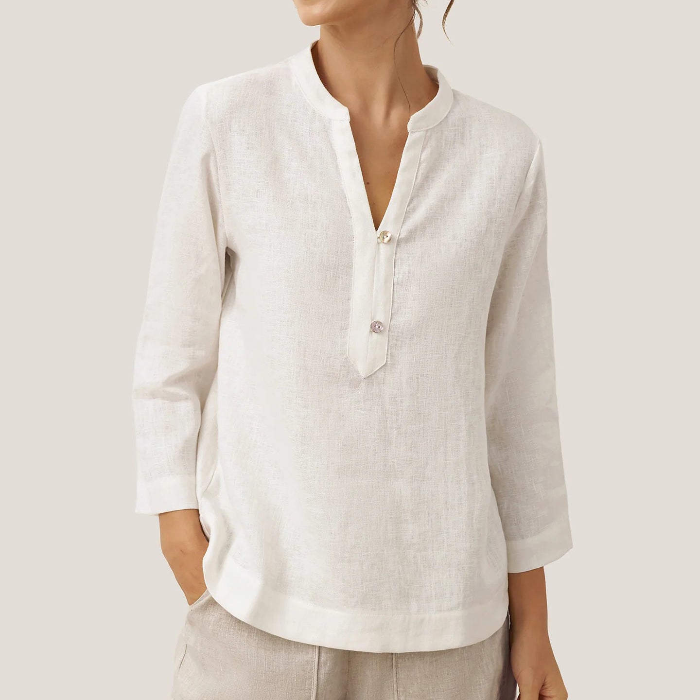 Women's Casual Solid Color Linen  V-neck Pullover With Button Top elevenforest