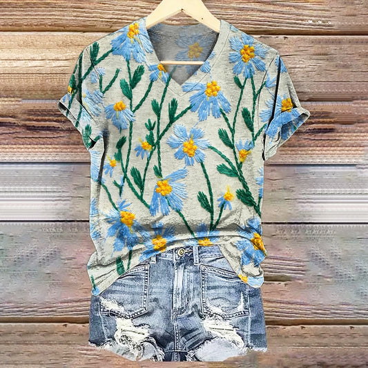 Women's Vintage Floral Art Pattern Print V-neck Casual T-Shirt