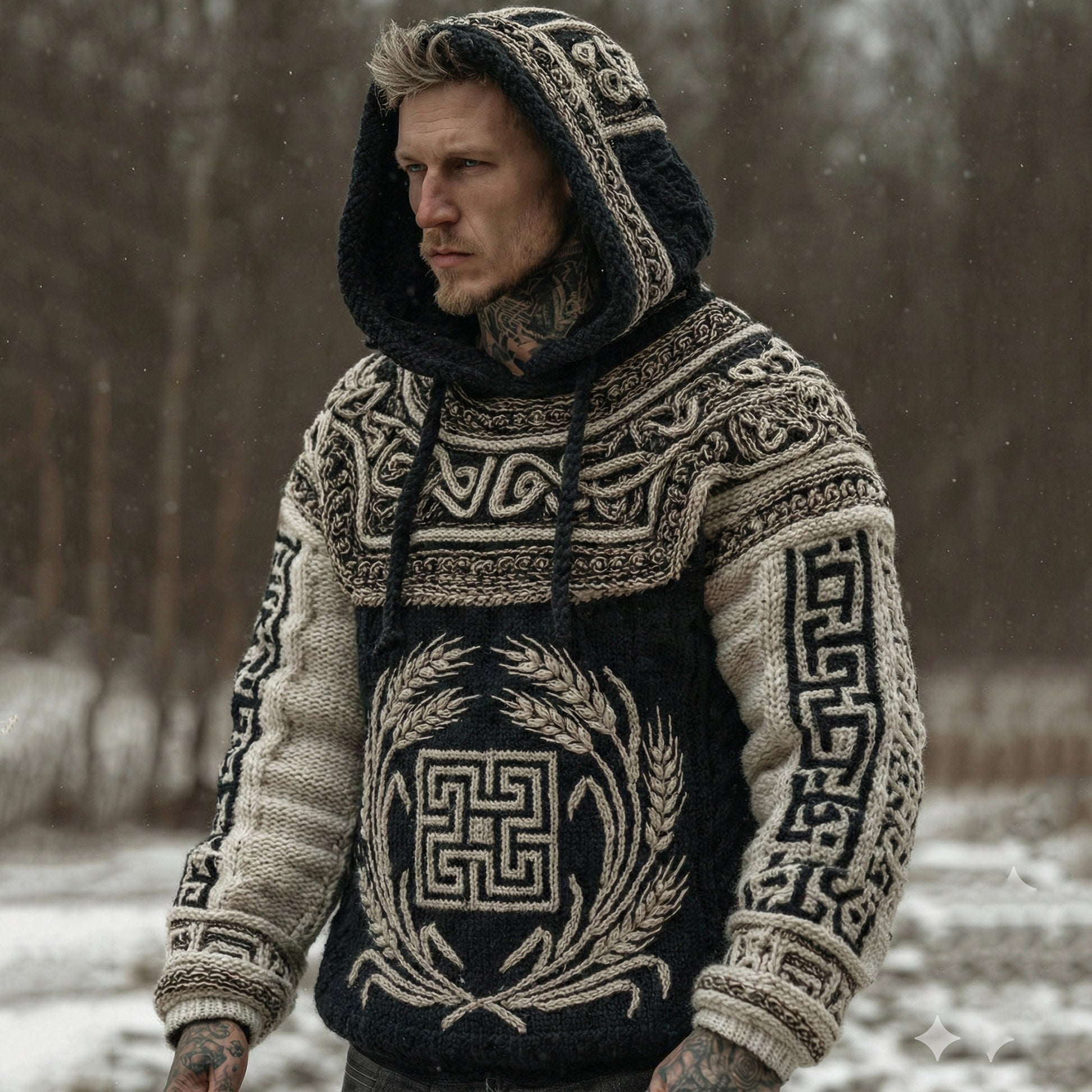 Men's Vintage Greek Key With Wheat Sheaf Art Pattern Casual  Cozy Knit Hooded Sweater elevenforest