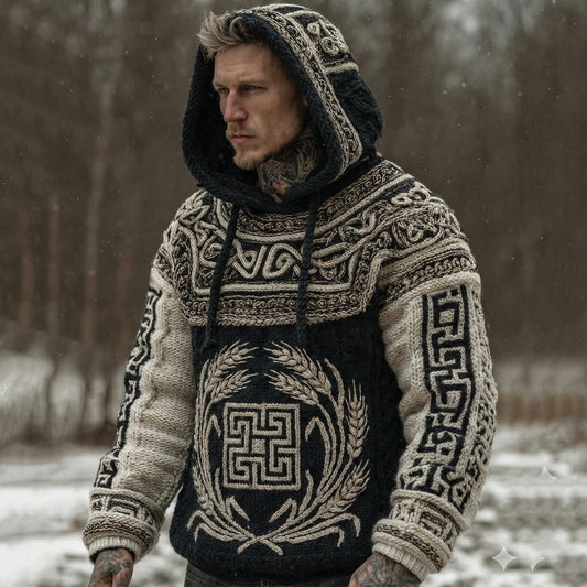 Men's Vintage Greek Key With Wheat Sheaf Art Pattern Casual  Cozy Knit Hooded Sweater elevenforest