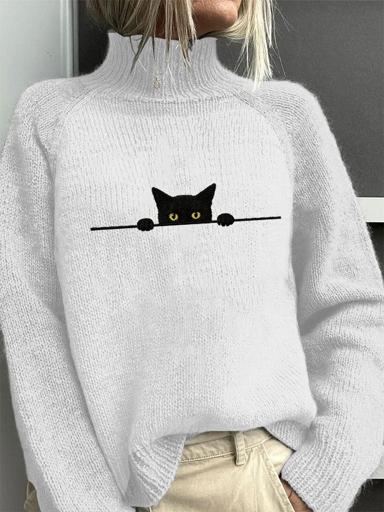 Cotton Sweater with Peeping Black Cat