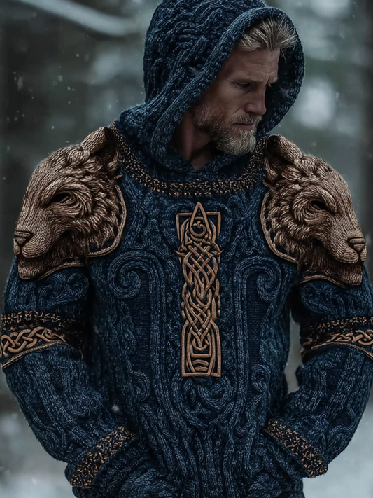 Vintage Viking Celtic Style Wolf Head Line Art Men's Thick Knit Hooded Sweater elevenforest