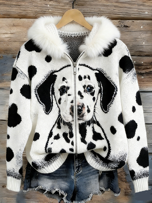 Spot Dog Pattern Printed Women's Hooded Sweater Coat elevenforest
