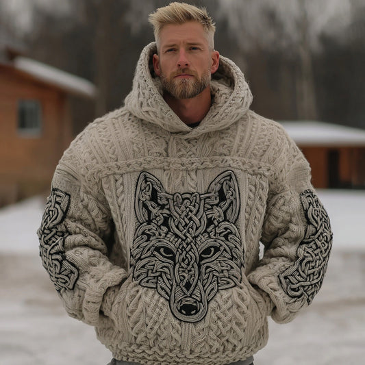 Men's Retro Celtic Knot And Wolf Hooded Knit Sweater elevenforest