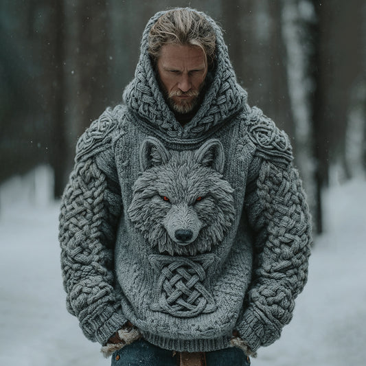 Men's Viking Tribal Wolf Jacquard Knitted Hooded Sweater elevenforest