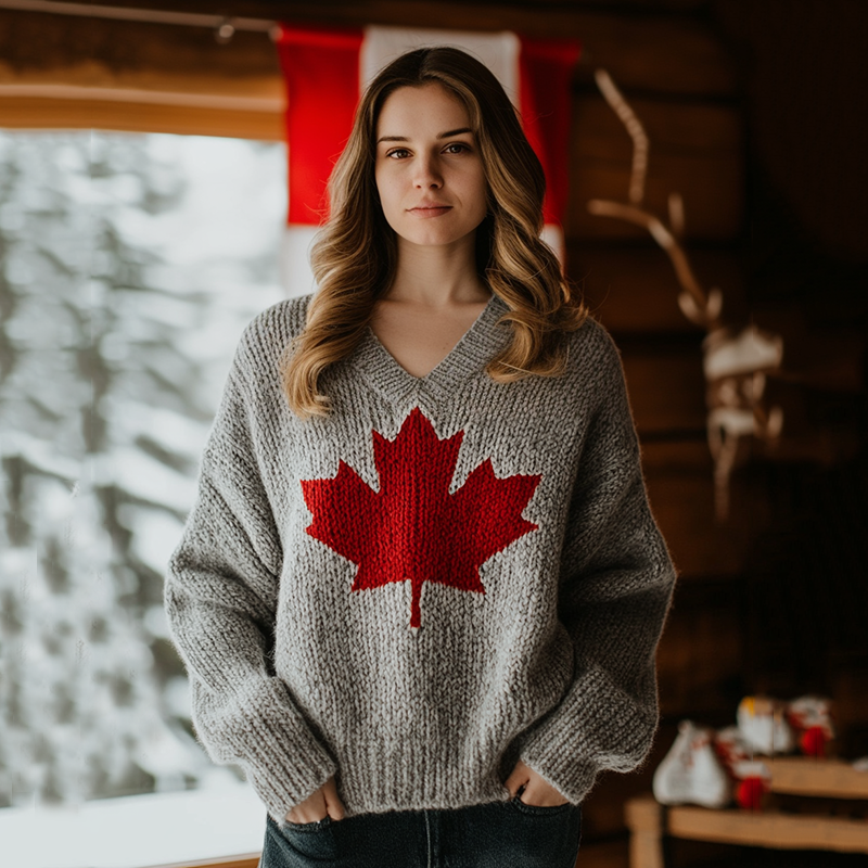 Classic Canada Maple Leaf Pattern V Neck Cozy Sweater elevenforest