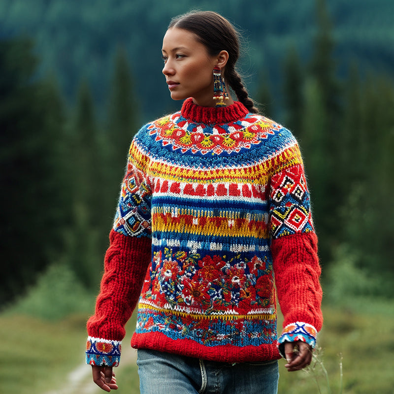 Men's Greenland Kalaallit Beaded Flowers Design High Collar Sweater elevenforest