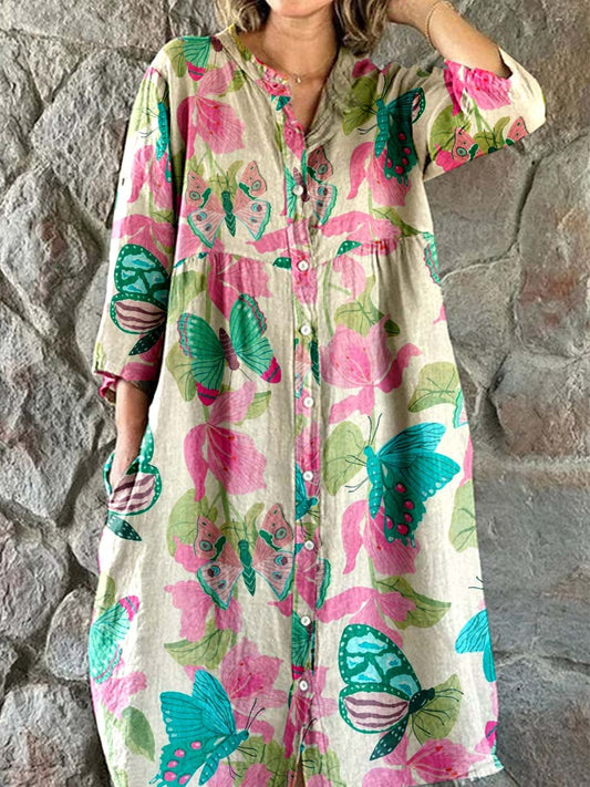 Women's Elegant Vintage Floral Print Shirt Style Cotton and Linen Dres