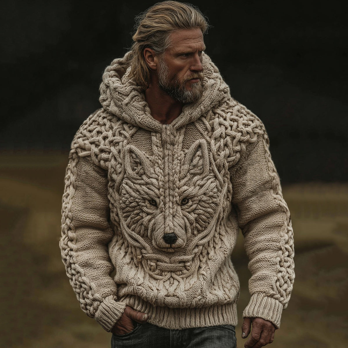 Men's Viking Tribal Wolf Jacquard Knitted Hooded Sweater elevenforest