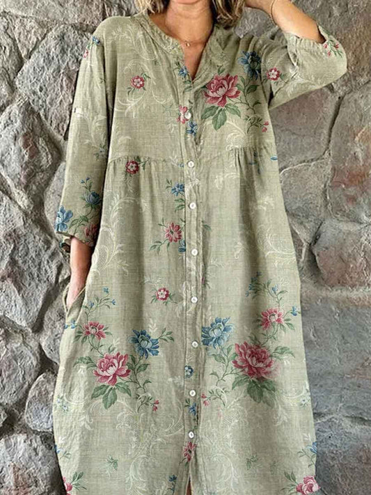 Women's Elegant Vintage Rose Floral Print Shirt Style Cotton and Linen