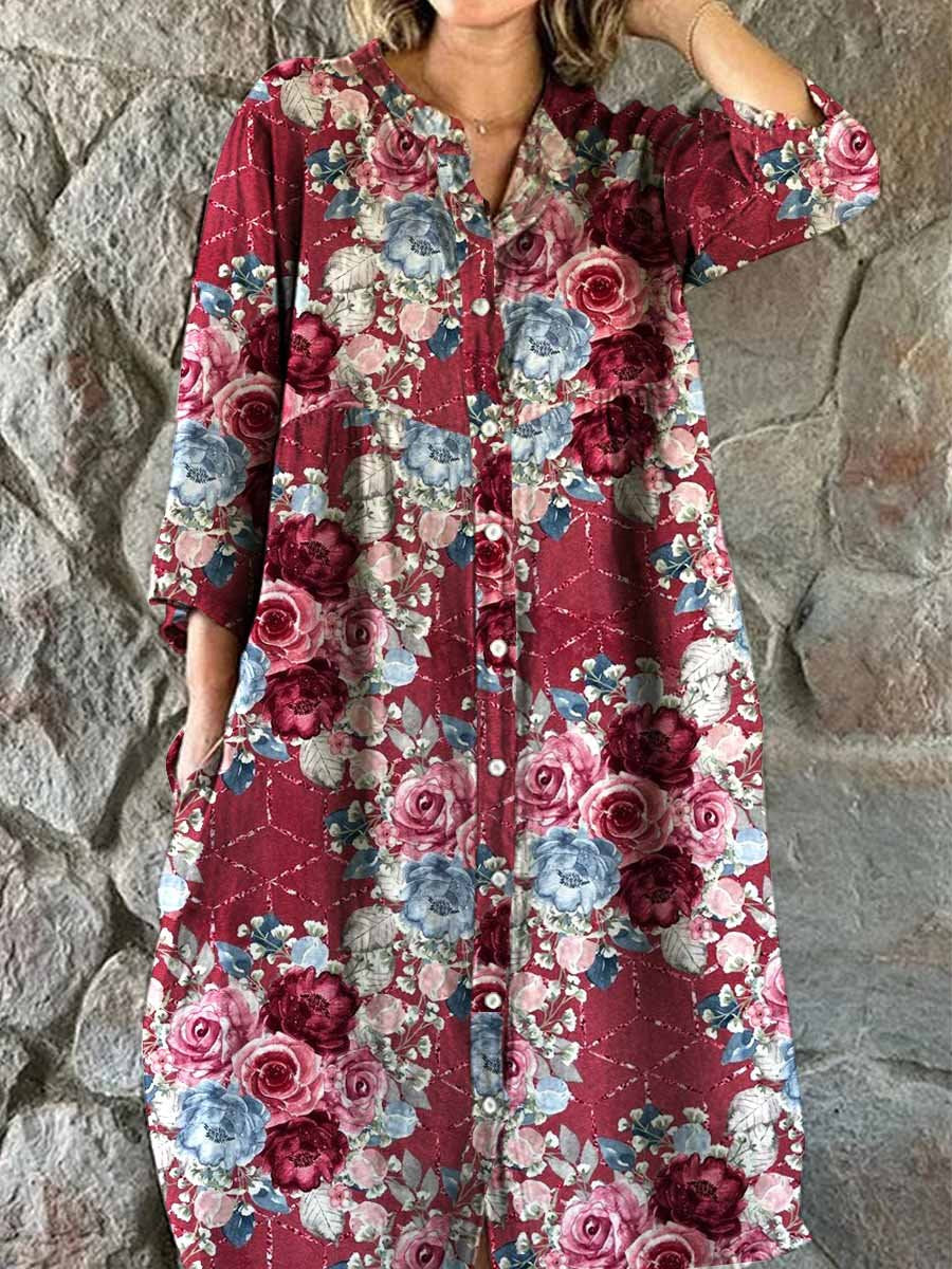 Women's Elegant Simple Rose Floral Pattern Shirt Style Cotton and Line