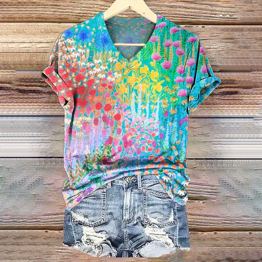 Women's Vintage Bohemian Floral Art Print V-neck Casual T-Shirt