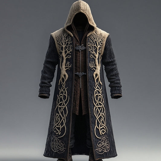 Men's Viking Contrast Color Tree Of Life Embroidered Knit Hooded Coat