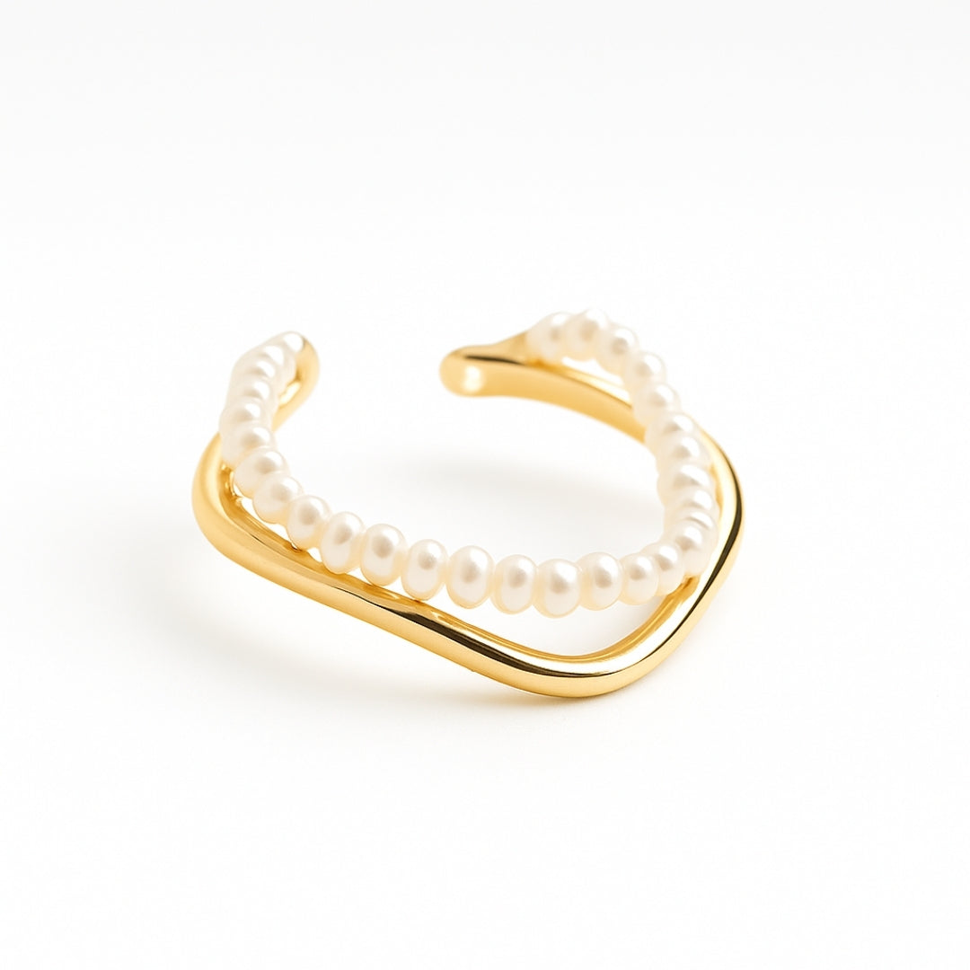 Adjustable Wavy Pearl Gold Ring