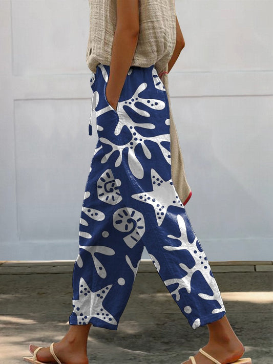 Coral And Sea Shell Pattern Printed Women's 100%Cotton Casual Pants
