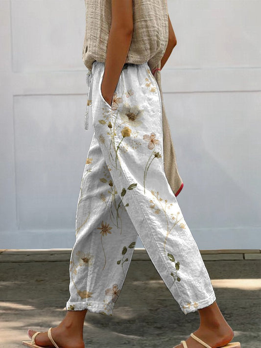Watercolor Minimalist Spring Floral Pattern Printed Women's 100%Cotton Casual Pants