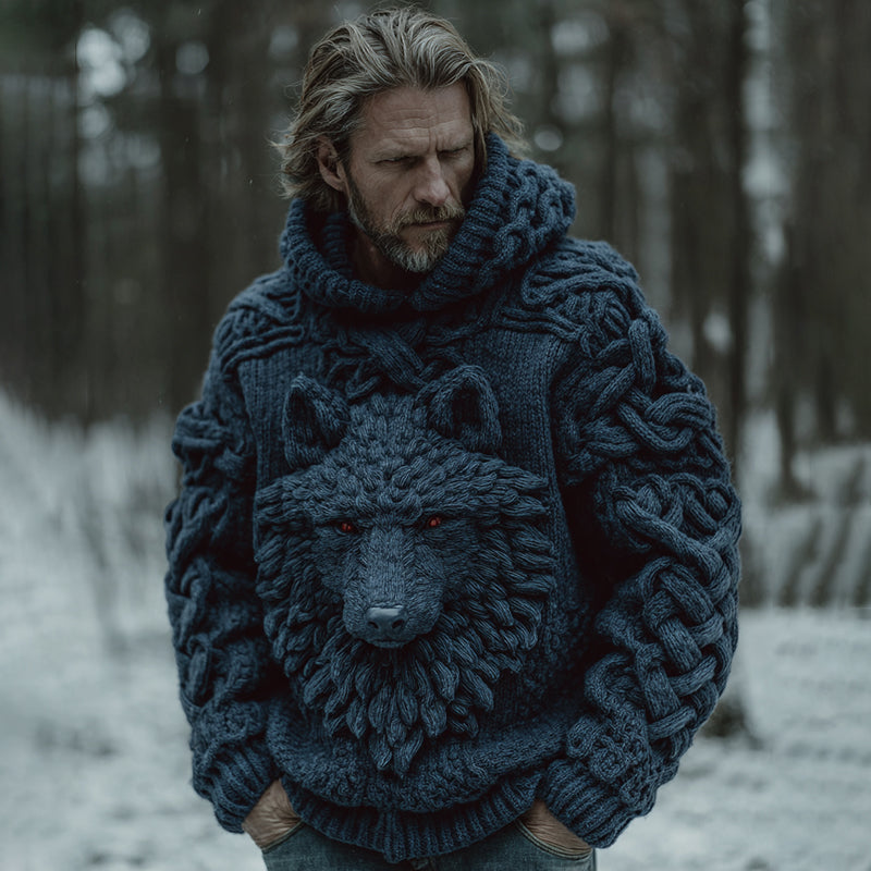 Men's Viking Tribal Wolf Jacquard Knitted Hooded Sweater elevenforest
