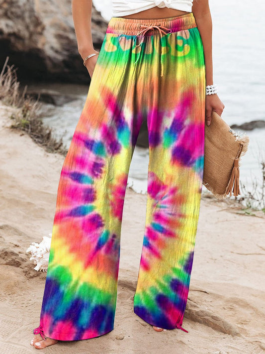 Women's Colorful Rainbow Tie-dye Print Cotton And Linen Casual Pants