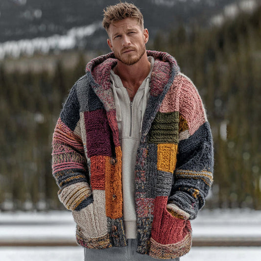 Men's Geometric Block Contrast Knit Button Hooded Sweater artswardrobe