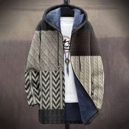 Men's Vintage Patchwork Knitted Pattern Comfortable Plush Hooded Coat artswardrobe