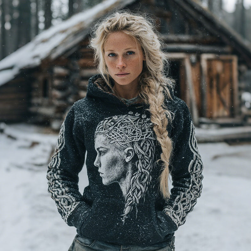 Women‘s Retro Viking Warrior Lagertha Art Pattern Cozy Knit Hooded Sweater elevenforest
