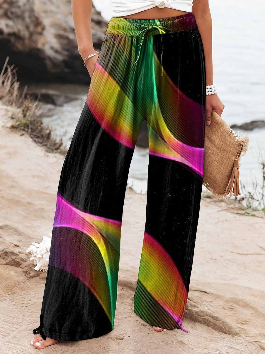 Women's Colorful Gradient Line Illustration Print Cotton And Linen Casual Pants