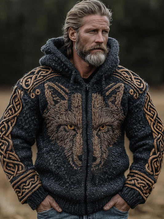 Vintage Viking Wolf Totem Celtic Knot Thick Woolen Solid Zipper Hoodie Sweater elevenforest