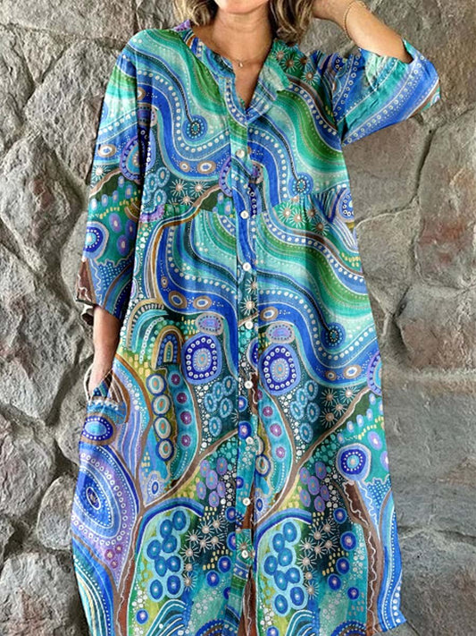 Women's Elegant Retro Art Flowing Pattern Print Shirt Style Cotton and