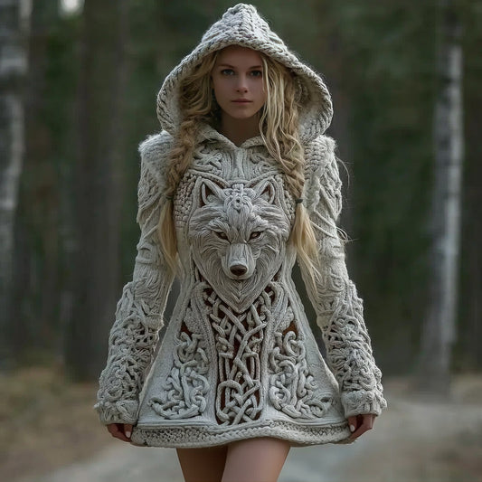 Women's Viking Celtic Wolf Art Cozy Knit Mini Hooded Sweater Dress elevenforest