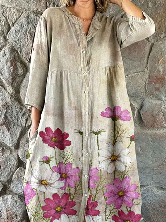 Women's Elegant Vintage Floral Print Shirt Style Cotton and Linen Dres
