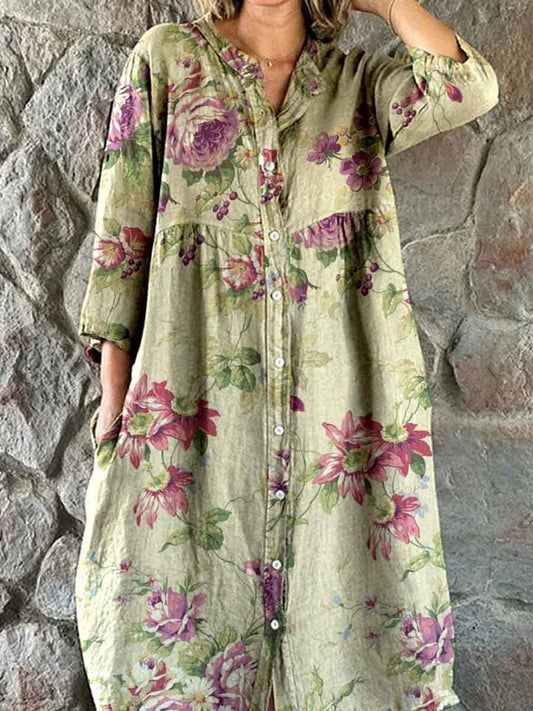 Women's Elegant Vintage Floral Print Shirt Style Cotton and Linen Dres
