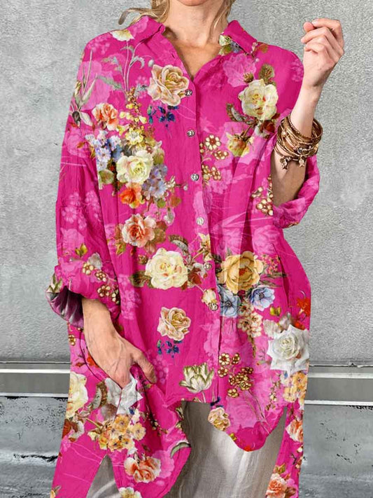 Women's Art Elegant Rose Floral Pattern Cotton Shirt