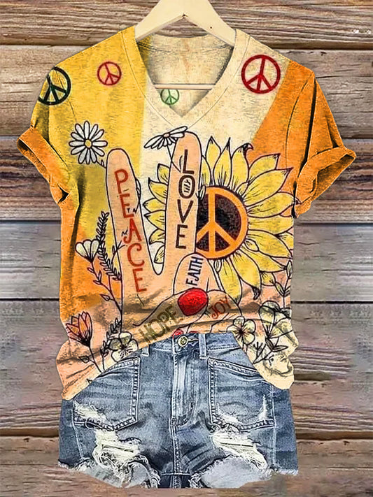 Women's Hippie Peace Love Art Print V-neck Casual T-Shirt