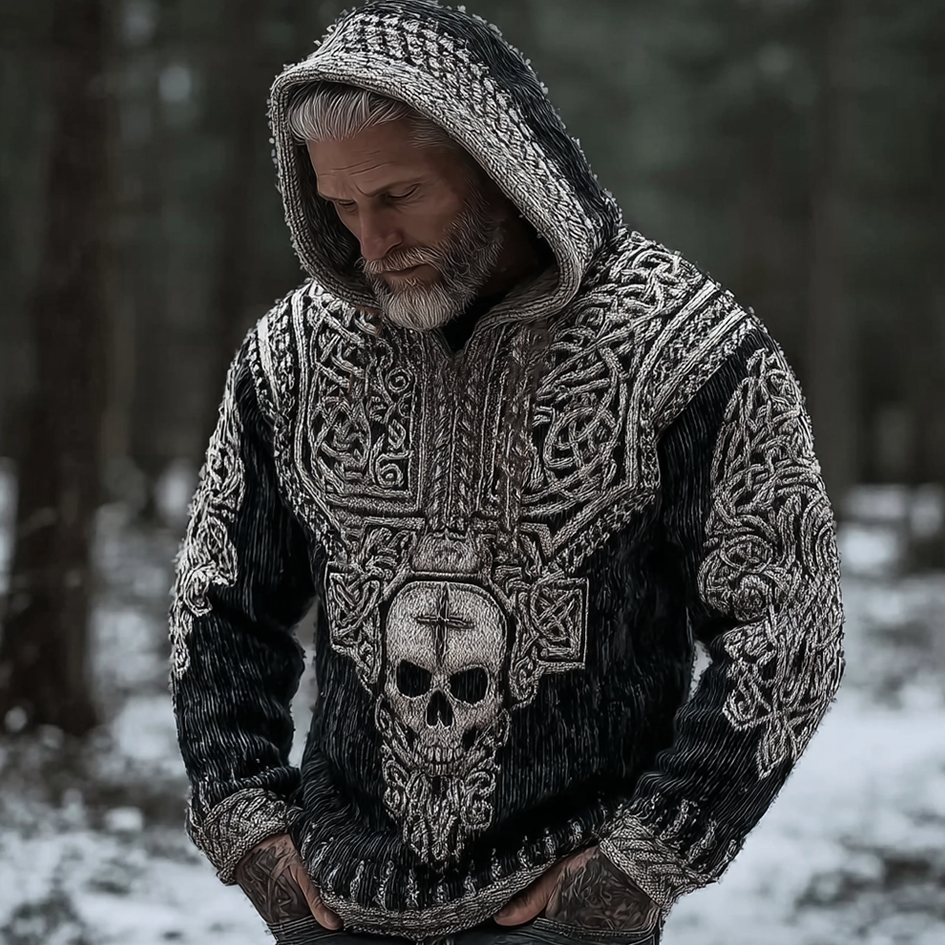 Vintage Viking Dark Skull And Cross Pattern Men's Hooded Sweater elevenforest