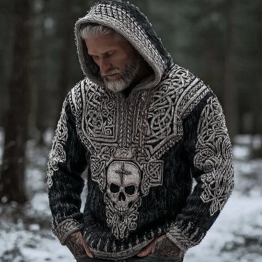 Vintage Viking Dark Skull And Cross Pattern Men's Hooded Sweater elevenforest