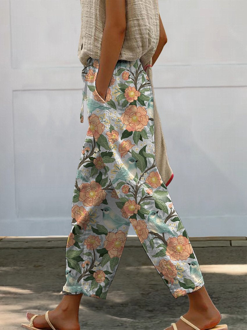 Birds And Spring Floral Bush Pattern Printed Women's 100%Cotton Casual Pants