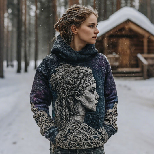 Women‘s Vintage Viking Warrior Lagertha Art Pattern Cozy Knit Hooded Sweater elevenforest
