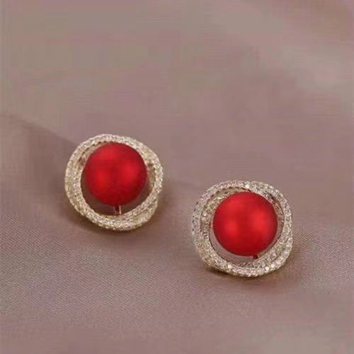 Red Pearl Stud Earrings
