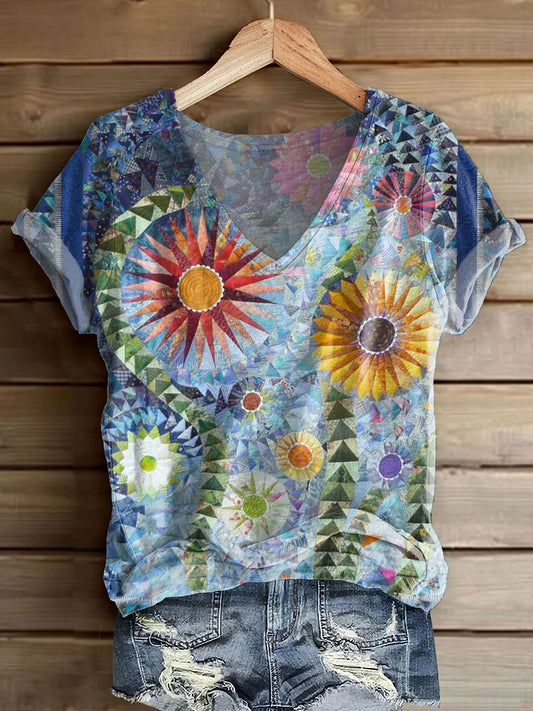 Women's Vintage Bohemian Floral Art Print V-neck Casual T-Shirt