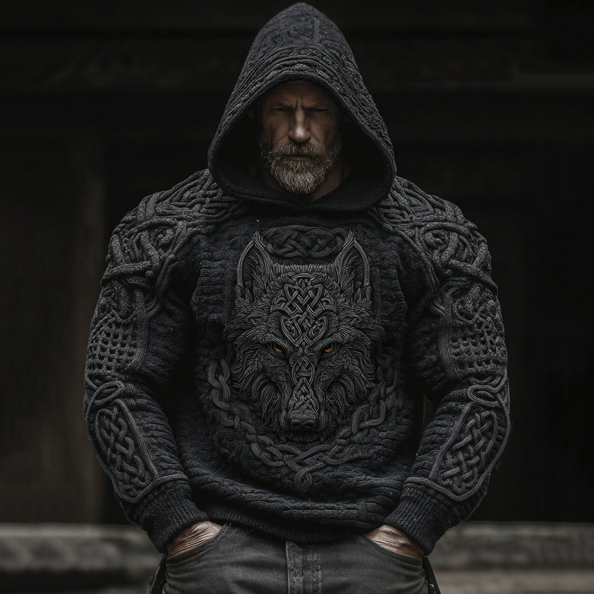 Men's Viking Tribal Wolf Jacquard Knitted Hooded Sweater elevenforest